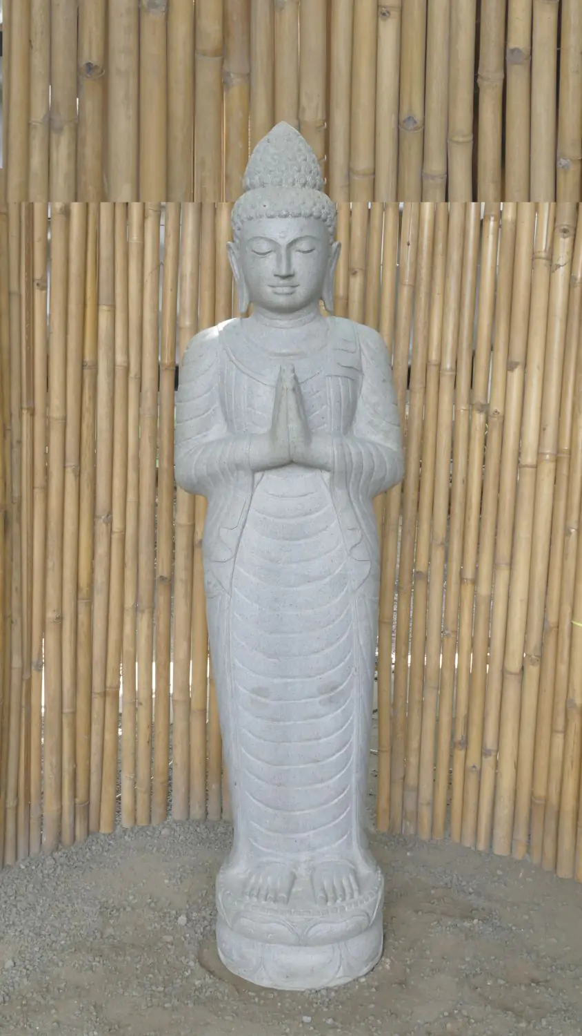  Product image 2 of the product “Standing Buddha made of Riverstone, position Namaskara , H. 185cm. There is a stone eye on the right thight. ”